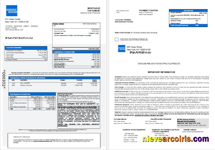 USA New York American Express Blue bank mortgage statement 1-2